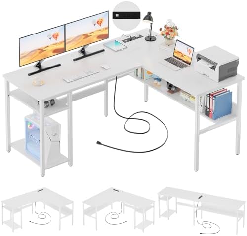 Unikito Reversible L Shaped Computer Desk with Magic Power Outlets and USB Charging Ports, Sturdy Corner Desk with Storage Shelves, Durable Work Desk for Home Office, Easy to Assemble, White