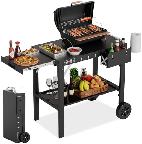 Outdoor Grill Table, Folding Grill Cart with Pull-out Side Table, Blackstone Griddle Stand, Fit 17 Inch Or 22 Inch, Stainless Steel BBQ Prep Station, Pizza Oven Stand