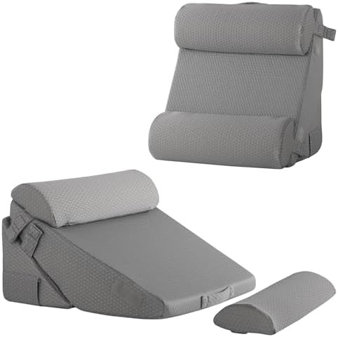 Adjustable 4pcs Bed Wedge Pillow Set, Memory Foam Wedge Pillows Post Surgery for Back, Neck, Leg Pain Relief, Pillow Wedge for Sleeping, Sitting up in Bed, Acid Reflux and GERD, Grey