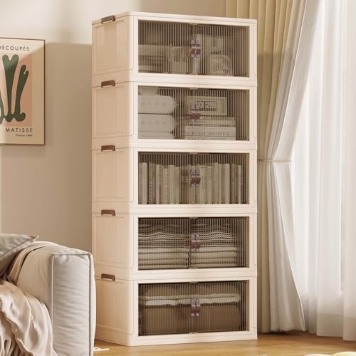 SAILUN 136Gal/543Qt Stackable Storage Bins Folding Collapsible Storage Bins with Lid, Closet Organizers and Storage Box with Door Beige 26" W x 17" D x 71" H