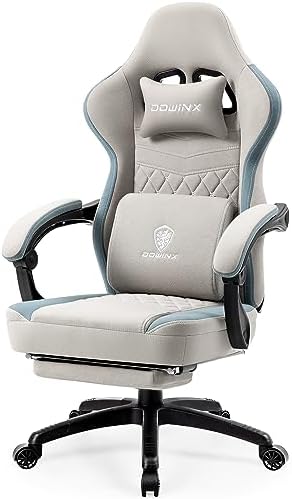Dowinx Gaming Chair Breathable Fabric Game Chair with Gel Pad and Storage Bag, Comfortable Gamer Chair with Pocket Spring Cushion,Ergonomic Computer Chair with Footrest,Grey