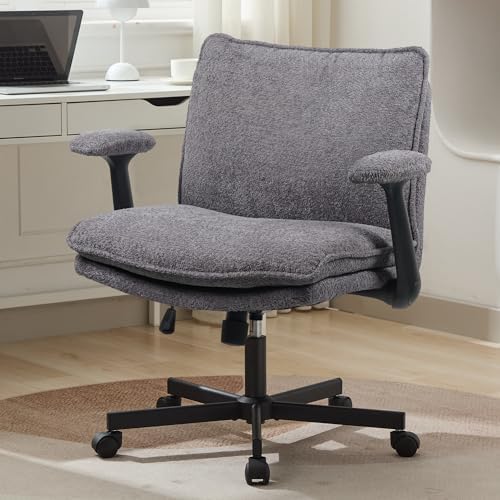 Criss Cross Legged Office Chair with Wheels and Flip-Up Arms, Upholstered Criss Cross Desk Chair, Wide Seat Chairs for Home Office, Vanity, Apartment, Grey