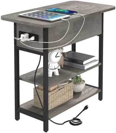 Yoobure End Table with Charging Station, Flip Top Side Table with USB Ports and Outlets, Sofa Couch Table Bedside Table for Living Room Bedroom, Narrow Nightstand with Storage Shelves for Small Space