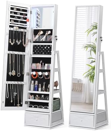 Nicetree 360° Swivel Jewelry Cabinet with Lights, Touch Screen Vanity Mirror, Rotatable Full Length Mirror with Jewelry Storage, Standing Jewelry Armoire Organizer, Foldable Makeup Shelf, White