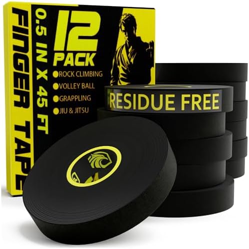 Finger Tape 3 or 12 Pack, Black or White Finger Tape | Residue Free Skin Friendly Strong Athletic Sports Tape | 0.5” x 45 Ft for BJJ Jiu Jitsu Grappling MMA Knob Tape Weight (Black, 12 Pack)