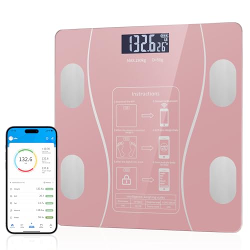 Body Composition Analyzer with Smartphone Application and Bluetooth synchronous Scale, Scales for Body Weight and Fat, Digital Bathroom Scale with Led Display (Pink)