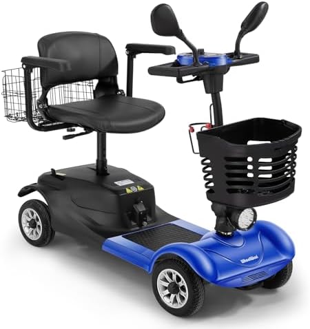4-Wheel Mobility Scooter for Adults & Seniors - Heavy-Duty Compact Travel Scooter with Long-Lasting Battery, LED Lights, Basket & Portable Design (Blue)