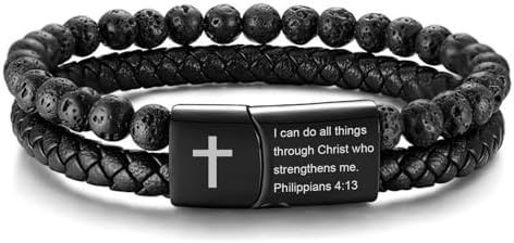 MEALGUET Men's Cross Bracelet for Men : Inspirational Bible Verse Bracelets Christian Catholic Religious Jewelry Christmas Gifts Ideas for Man, Healing Lava Rock Bead Cross Bracelet Leather Wristband