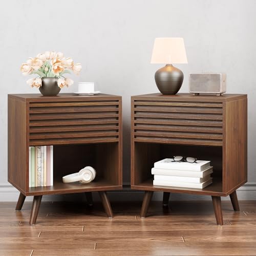 Alohappy Nightstands Set of 2, Mid Century Modern Nightstand, Wood Fluted Bedside Table with Drawer Storage for Bedroom, Accent Side End Table for Living Room, Brown, 2pcs