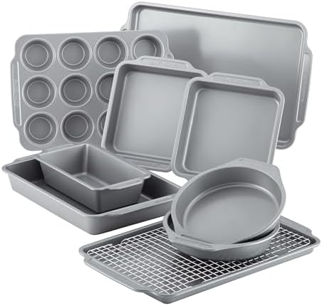 Farberware Nonstick Steel Bakeware Set with Cooling Rack, Baking Pan and Cookie Sheet Set with Nonstick Bread Pan and Cooling Grid, 10-Piece Set, Gray