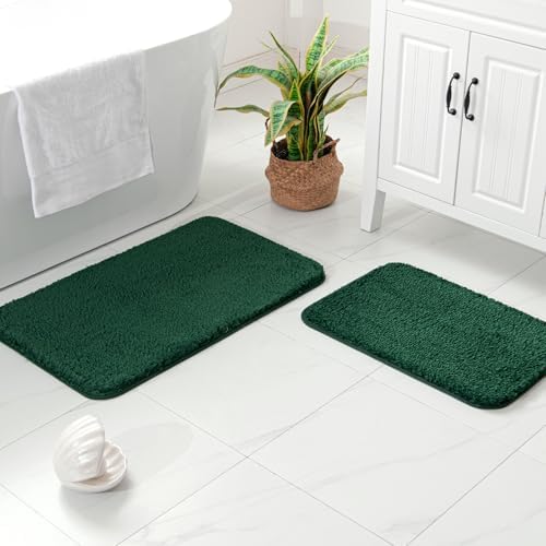 MIULEE Dark Green Microfiber Bathroom Rugs and Mats Sets 2 Pieces Extra Thick Non Slip Bath Mat Absorbent Soft Shaggy Washable Quick Dry Rug for Bath Room Floor Restroom, 16"x24"+20"x30"