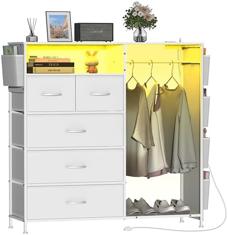 Dresser for Bedroom with Clothes Rack Side Pockets White 5 Drawers Dresser with Charging Station LED Lights Sturdy Steel Frame Wood Top Organizer Unit for Nursery Hallway Closet