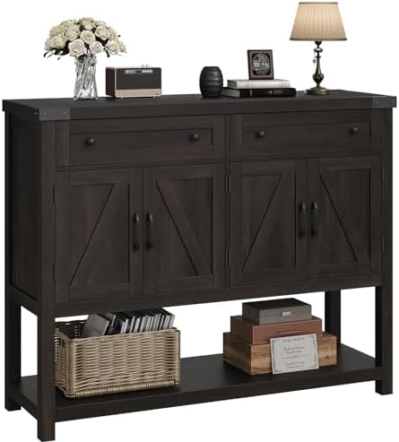 HOSTACK Buffet Sideboard Cabinet with Storage, 47.2" Modern Farmhouse Coffee Bar with 2 Drawers, Barn Door Console Table with Shelf for Kitchen, Dining Room, Living Room, Entryway (Dark Brown)