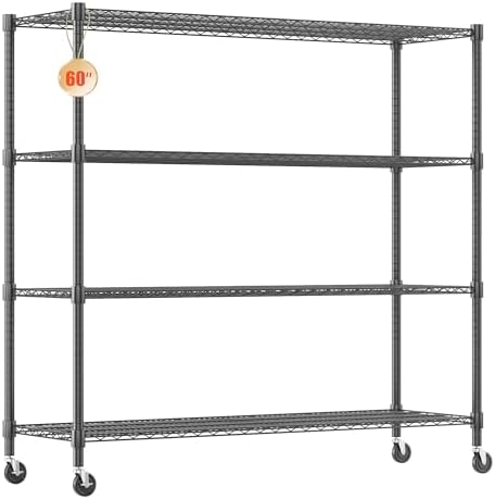 Homdox 60”W Storage Shelves, 4 Tier Heavy Duty Wire Shelving Unit with Wheels, 2400LBS Commercial Adjustable Metal Shelves for Storage, Garage Rack Pantry Shelves Kitchen Shelving, 24"x60"x72", Black