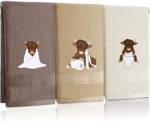 3 Pcs Highland Cow Hand Towels Embroidered Cow Farmhouse Decorative Bathroom Towels for Bathroom Kitchen Decor, 100% Cotton, 13.3 x 29.5''