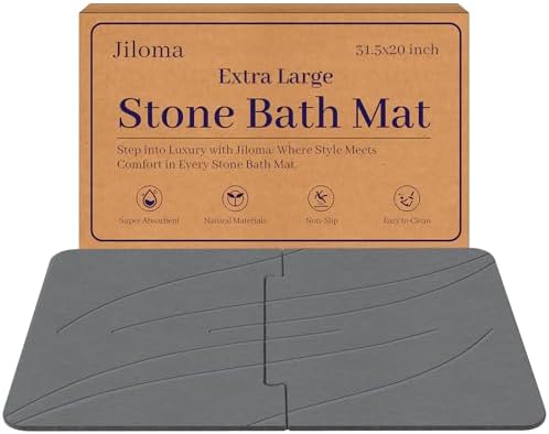 32 * 20 Stone Bath Mat Extra Large Diatomaceous Earth Non-Slip Shower Mat Quick Drying Diatomite Stone Mats for Bathroom Floor/Ktichen Counter Super Absorbent Natural Easy to Clean Grey