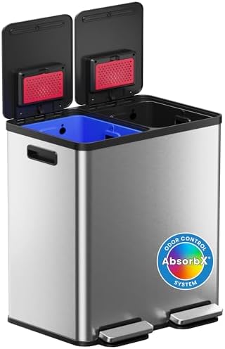 iTouchless 60 Liter / 16 Gallon Dual Compartment Kitchen Trash Can & Recycling Bin, Soft-Close, Odor Filter, Hands-Free Step Pedals, Color-Coded Removable Buckets, Smudge-Resistant Stainless Steel