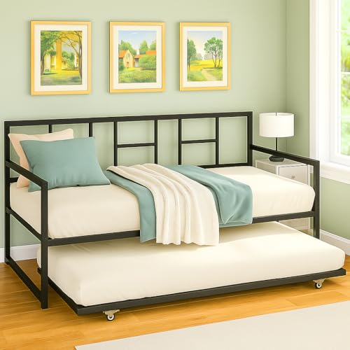DWVO Twin Daybed with Trundle, Twin Size Day Bed Frame with Pull Out Trundle, Heavy Duty Metal Sofa Bed Frame for Living Room and Guest Room, Black