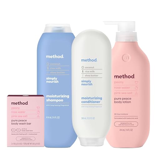Method Simply Nourish Shampoo, 14 oz + Conditioner, 13.5 oz + Pure Peace Bar Soap (2 bars, 5 oz each) + Body Lotion, 14 oz - Nourishing Hair Care Set for Color Treated Hair