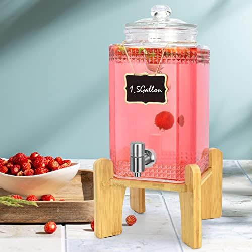 1.5 Gallon Glass Beverage Dispenser With Stand(Natual Bamboo). Water Drink Dispensers for Parties With Stainless Steel Spigot 100% Leakproof.Perfect For Parties And Daily Use.