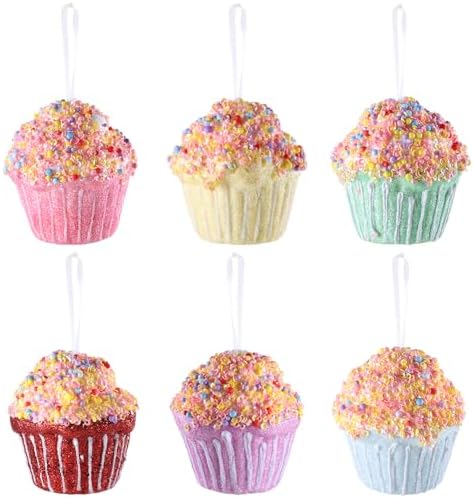 6Pcs Cupcake Party Decorations Ornaments, Hanging Christmas Tree Candy Gift, Macaron Color Dessert Cupcake Pendant Set for Xmas New Year Easter Birthday Home Party Supplies (Cupcake)