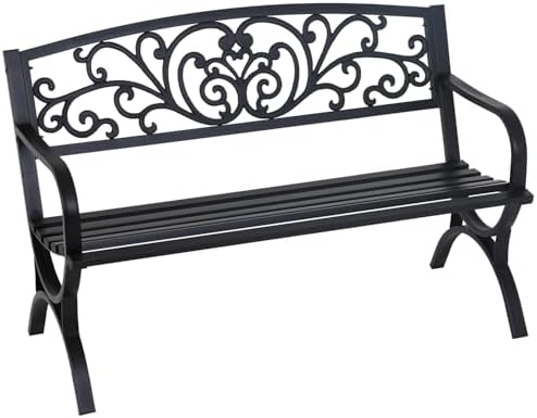 FDW Outdoor 50 Inches Garden Bench, Slatted Seat Armrests Floral Design Backres and Arch Legs, Perfect for Park, Yard, Porch, Lawn, Balcony, Backyard, Black