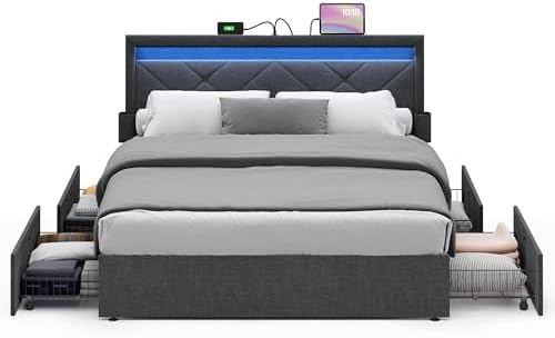 VASAGLE LED Bed Frame Queen Size, Queen Bed with Headboard and 4 Drawers, 1 USB Port and 1 Type C Port, Adjustable Upholstered Headboard 36.7/39.3 Inches, No Box Spring Needed, Dark Gray URMB821G71