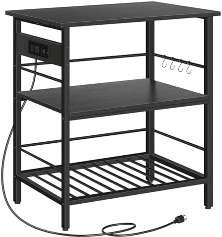 HOOBRO Kitchen Island with Storage, Kitchen Island Table with Power Outlet, 35.4" L 3 Tier Coffee Station and Microwave Stand, for Home, Kitchen and Dining Room, Black BB021ZD01