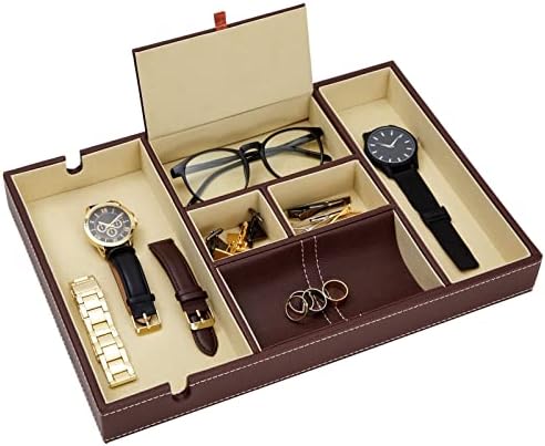 Juvale Rectangular Catchall Tray - 6-Compartment Nightstand Organizer - Polished Key Bowl - Portable Drawer Organizer - Brown Faux Leather