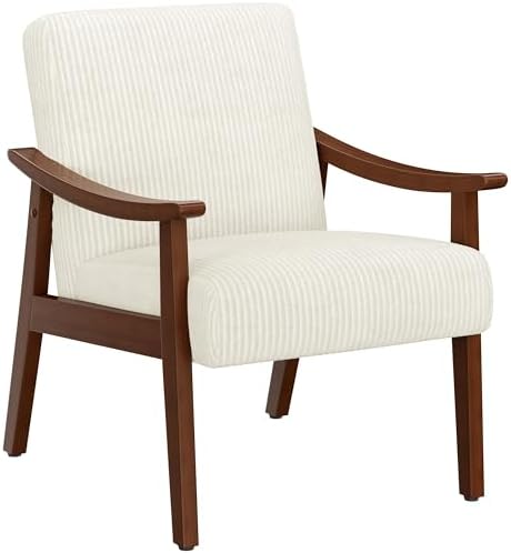 Yaheetech Corduroy Accent Chair, Mid-Century Modern Armchair with Solid Wood Legs, Reading Leisure Chair with High Back for Living Room Bedroom Waiting Room Beige