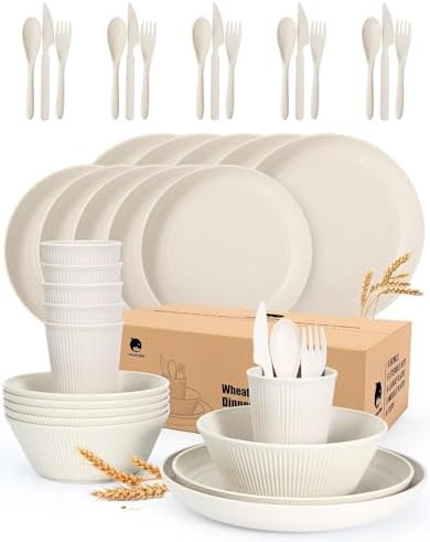 OAMCEG Wheat Straw Dinnerware Sets 42 Pcs, Plastic Wheatstraw Plates and Bowls Sets Kitchen Set for 6, Unbreakable Dishwasher Microwave Safe Dinnerware Dish, Kitchen Outdoor Camping Dishes, White