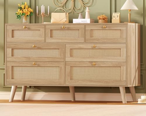 TEENFON 47.2''Wide 7 Drawer Rattan Dresser, Boho Dresser for Bedroom, Chest of Drawers, Closet Organizer, Natural Wood Dressers Chest for Bedroom, Living Room, Entryway, Natural