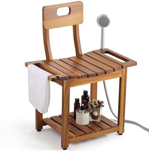 BLUEWEST 23.4'' Shower Chair with Backrest Bath Chair for Inside Shower or Tub, Heavy Duty 450 lbs Support, Non-Slip Feet, Shelf Storage, Built-in Handles for Elderly or Adults (Acacia)
