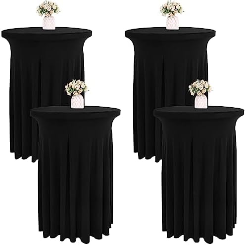 4 Packs 32 x 43 Inch Spandex Round Cocktail Table Skirts with Wavy Drapes Stretch Cocktail Tablecloth Fitted High Top Tables for Wedding Bar Party Banquet (Black)