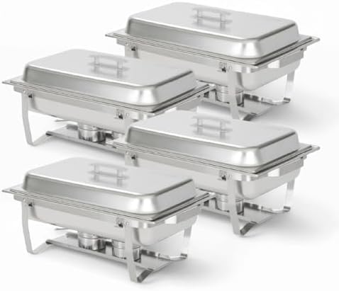4 Pack Chafing Dish Full Set – Stainless Steel Catering Chafer with Lids, Pans & Fuel Holders – Buffet Food Warmers for Parties, Events & Weddings – Alpine Gray Handles
