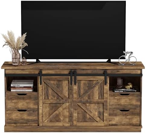 JUMMICO TV Stand with 4 Drawers for 65 Inch TV, Entertainment Center with Storage Cabinets and Sliding Barn Doors, Mid Century Modern Media TV Console Table for Living Room Bedroom (Brown)