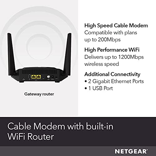 NETGEAR Cable Modem WiFi Router Combo C6220 - Compatible With All Cable Providers Including Xfinity by Comcast, Spectrum, Cox | For Cable Plans Up to 200 Mbps | AC1200 WiFi Speed | DOCSIS 3.0