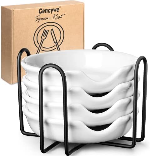 4 Pack Ceramic Spoon Rest with Metal Holder, Gencywe 4.8 inch Spoon Holder for Kitchen, for Stove Top, Coffee Spoons, Ladles, Tong, Cooking Utensil Rest, Housewarming Gifts