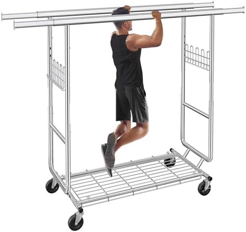 Heavy Duty Clothes Rack Load 620 LBS Metal Garment Clothing Rack Hang 300 pieces of clothing on Wheels Collapsible Rolling Portable & Adjustable Double Rod with Hook for Hanging Clothes