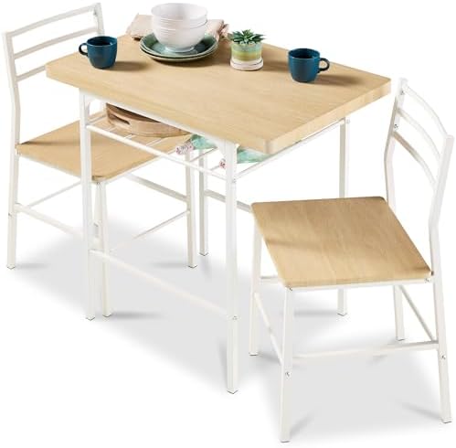 Best Choice Products 3-Piece Modern Dining Set, Space Saving Dinette for Kitchen, Dining Room, Small Space w/Steel Frame, Built-in Storage Rack - Natural/White