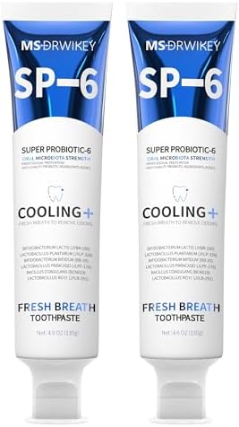 SP-6 Probiotic Cooling Fresh Breath Toothpaste - Six Probiotics for Long-Lasting Fresh Breath and Oral Health - Fluoride-Free, Enamel-Safe, Mint Flavor, 4.6oz (2)