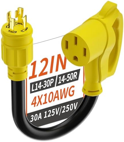 4 Prong 30 Amp to 50 Amp RV Generator Adapter Cord, NEMA L14-30 Twist Lock Male Plug to NEMA 14-50 Female Plug, 12 Inch(1 FT) 10 Gauge STW Power Cord, Max 30A 125V/250V, Yellow, ETL Listed