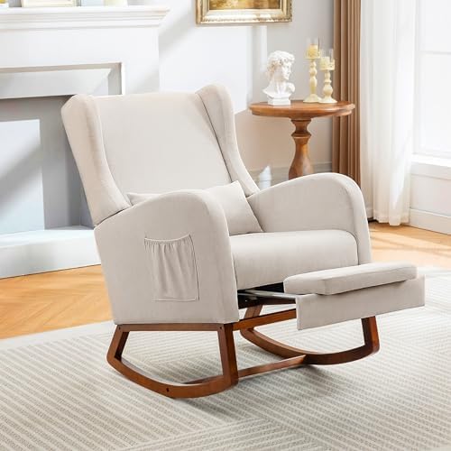 Rocking Chair Nursery Glider Chair with Foot Rest, Nursery Rocking Chairs with Rubber Wood Legs Side Pocket, High Back Nursing Chair, Accent Rocker Arm Chair Baby Bedroom, Living Room, Beige