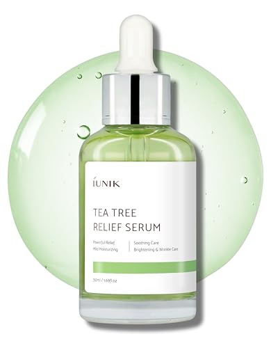 IUNIK Tea Tree Relief Vegan Serum for Acne-Prone Skin – Non-Sticky & Lightweight Facial Ampoule with Centella Asiatica for Soothing, Calming, and Balancing – Korean Skincare
