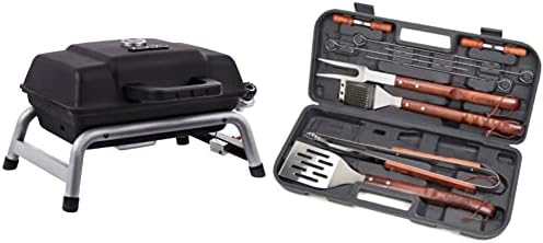 Char-Broil Portable 240 Liquid Propane Gas Grill & Cuisinart CGS-W13 Wooden Handle Tool Set (13-Piece), Black