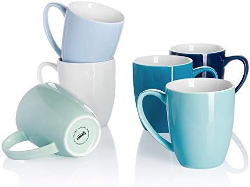 Sweese Porcelain Coffee Mugs - 12 Ounce - Set of 6, Cups for Latte, Hot Tea, Cappuccino, Mocha, Cocoa, Multicolor, Blue Assorted Colors