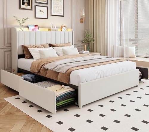 Queen Bed Frame with 4 Drawers and Storage Headboard, Upholstered Platform Bed Frame Queen Size with Led Lights and Handy Charging Station, No Box Spring Needed, Easy Assembly, Noise Free, Beige