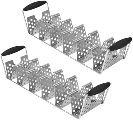 Blackstone 5551 Deluxe Taco Holder Stand Pack of 2 - Stainless Steel Taco Racks With Heat Resistant Handles - One Tray Holds 6 Tacos - Dishwasher Safe, Black/Silver