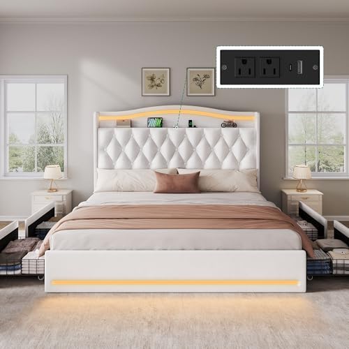 DWVO King Size Bed Frame with 4 Storage Drawers and RGB LED Lights, 57'' Tall Headboard Velvet Upholstered Bed with Charging Station, No Box Spring Needed, Easy Assembly, Noise-Free, White