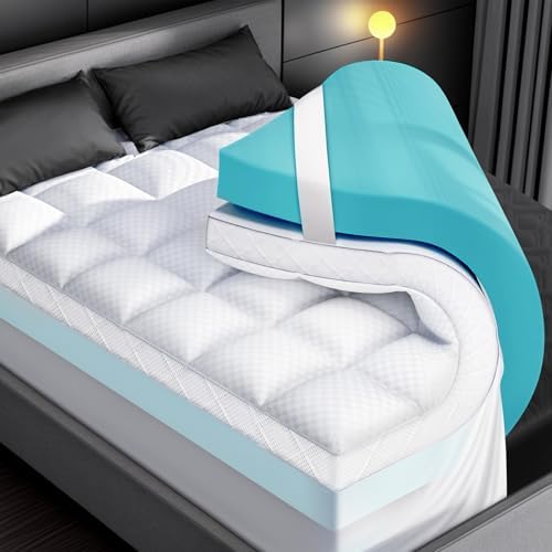 Dual Layer Memory Foam Mattress Topper for Pain Relief with 2X Support, 2" Fluffy Pillow Top King Mattress Topper Plus 2" Odor-Free Cooling Gel Memory Foam Ultra Comfort Mattress Pad Cover